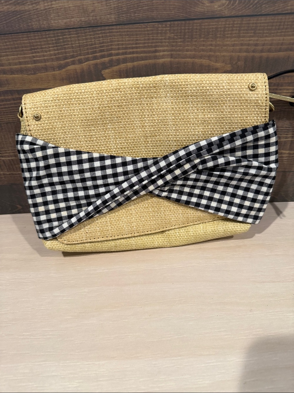 Straw Crossbody Bag with Black & White Gingham Bow